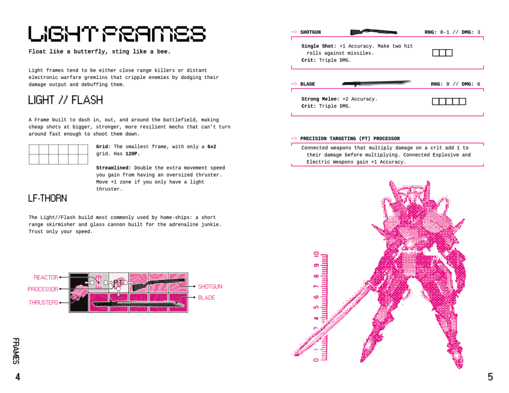 a preview page for Celestial Bodies depicting a mech and its weapons